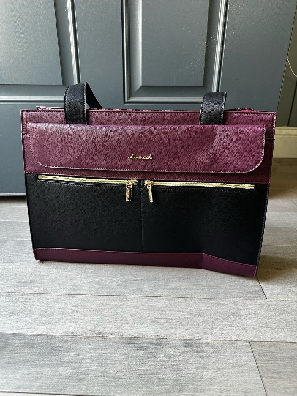 Lovevook Laptop Tote Leather Brief Case For Women Maroon And Black Large Handbag